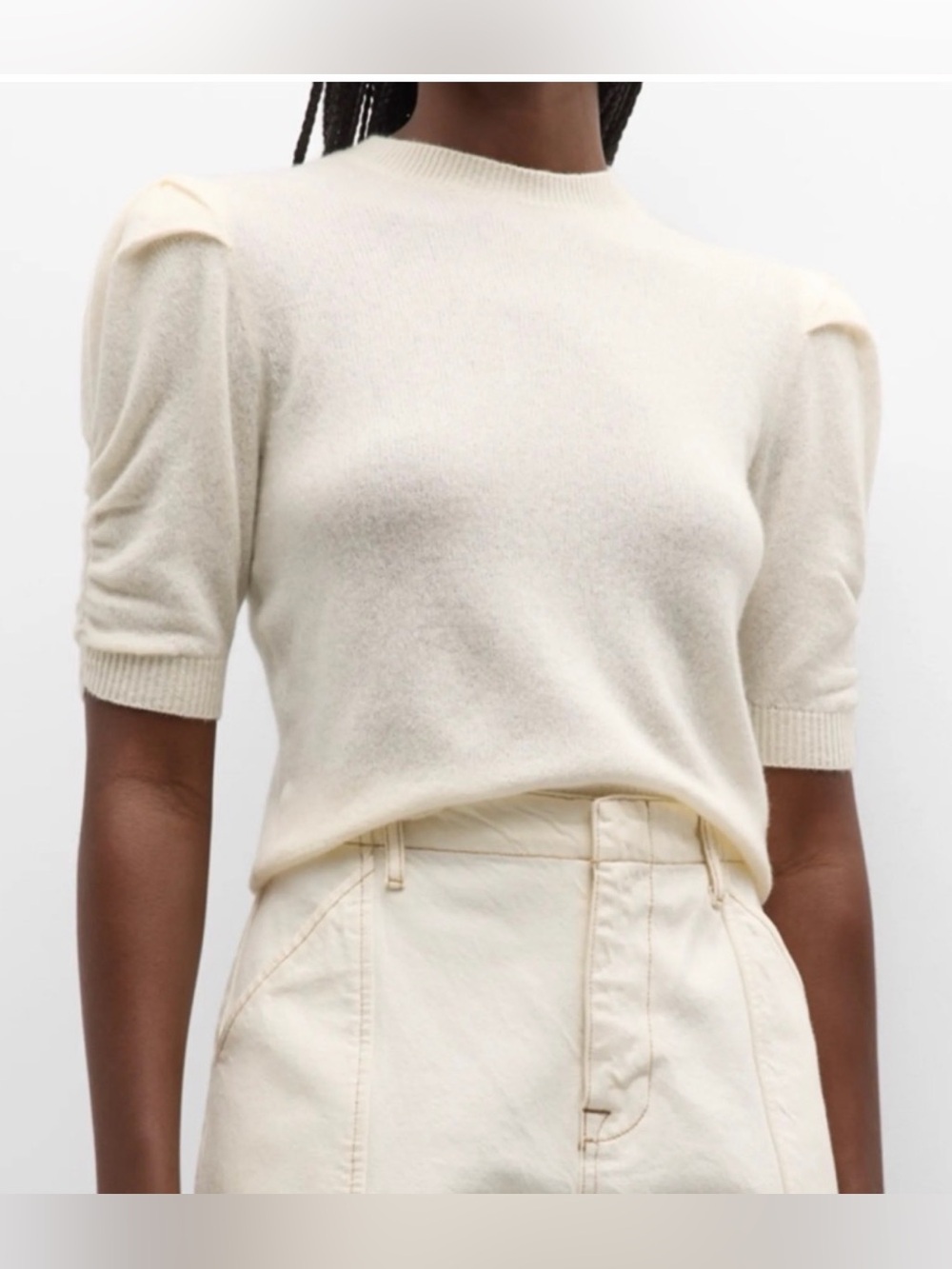 FRAME Ruched Sleeve Cashmere Sweater NWT Cream Large Crewneck Puff Sleeve